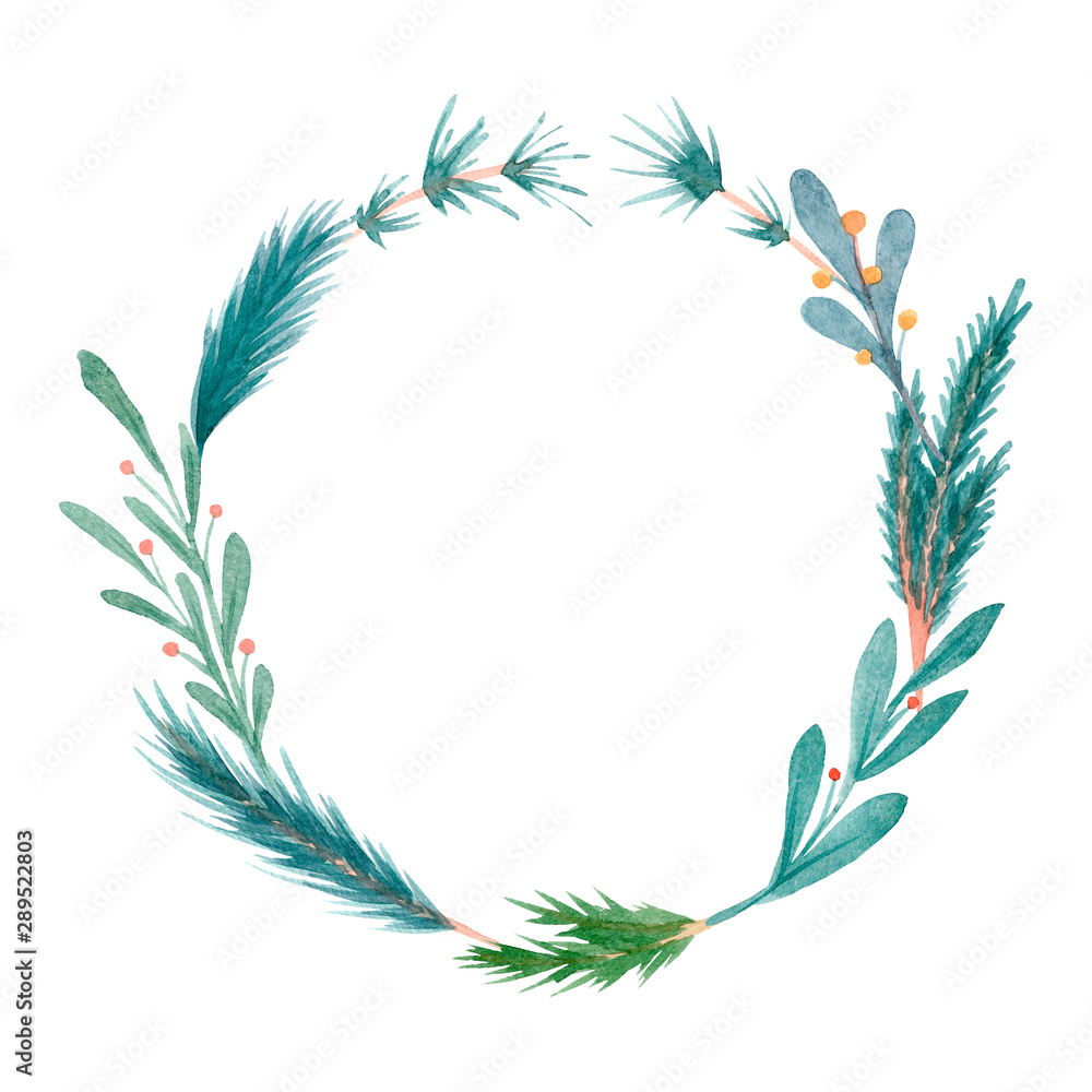 Frame of watercolor Christmas branches and spruce. Isolated on white background. Frame of watercolor Christmas branches and spruce. Isolated on white background.