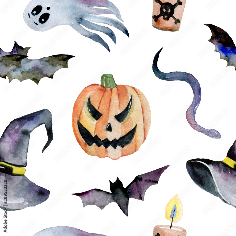 Naklejka premium Hand-drawn pattern painted in watercolor. Cute illustrations for Halloween. Watercolor halloween collection.