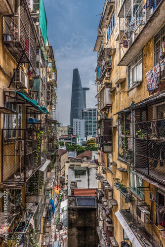 A great view of the Bitexco tower from an old modernist building in the center of Saigon, Vietnam 