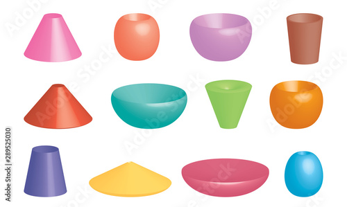 Set of 3d colored dishes, salad bowls and modern tapered lampshades. Elements isolated on transparent background. Vector template crockery.