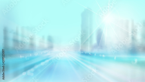 Road to the city. High skyscrapers. Abstract panoramic view. Blurred background. Cityscape. Vector illustration.