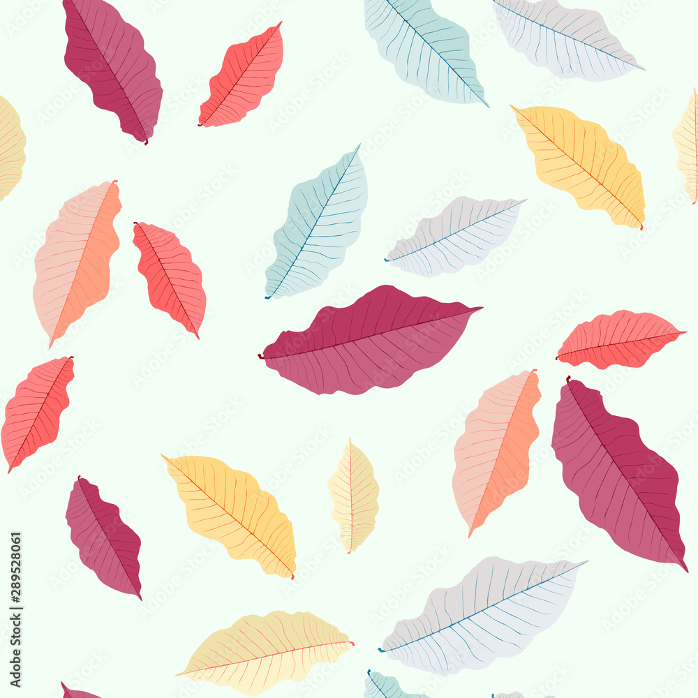 Autumn leaves pattern. Colorful leaves. Seamless ornament. Fall season theme.  Light background.