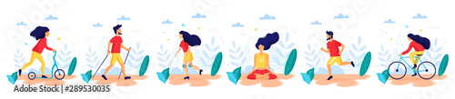 Healthy lifestyle. Different physical activities: kick scooter, nordic walking, meditating, roller skating, cyckling, running. Flat vector illustration.