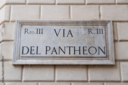 Street sign on marble plate: Via del Pantheon, Rome, Italy