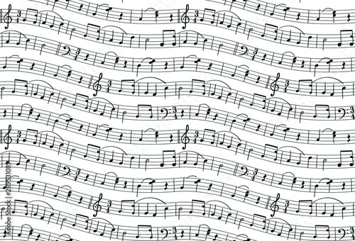 Sheet music, treble clef, bass, melodies. Happy birthday seamless texture for packing a musical gift, on a white background
