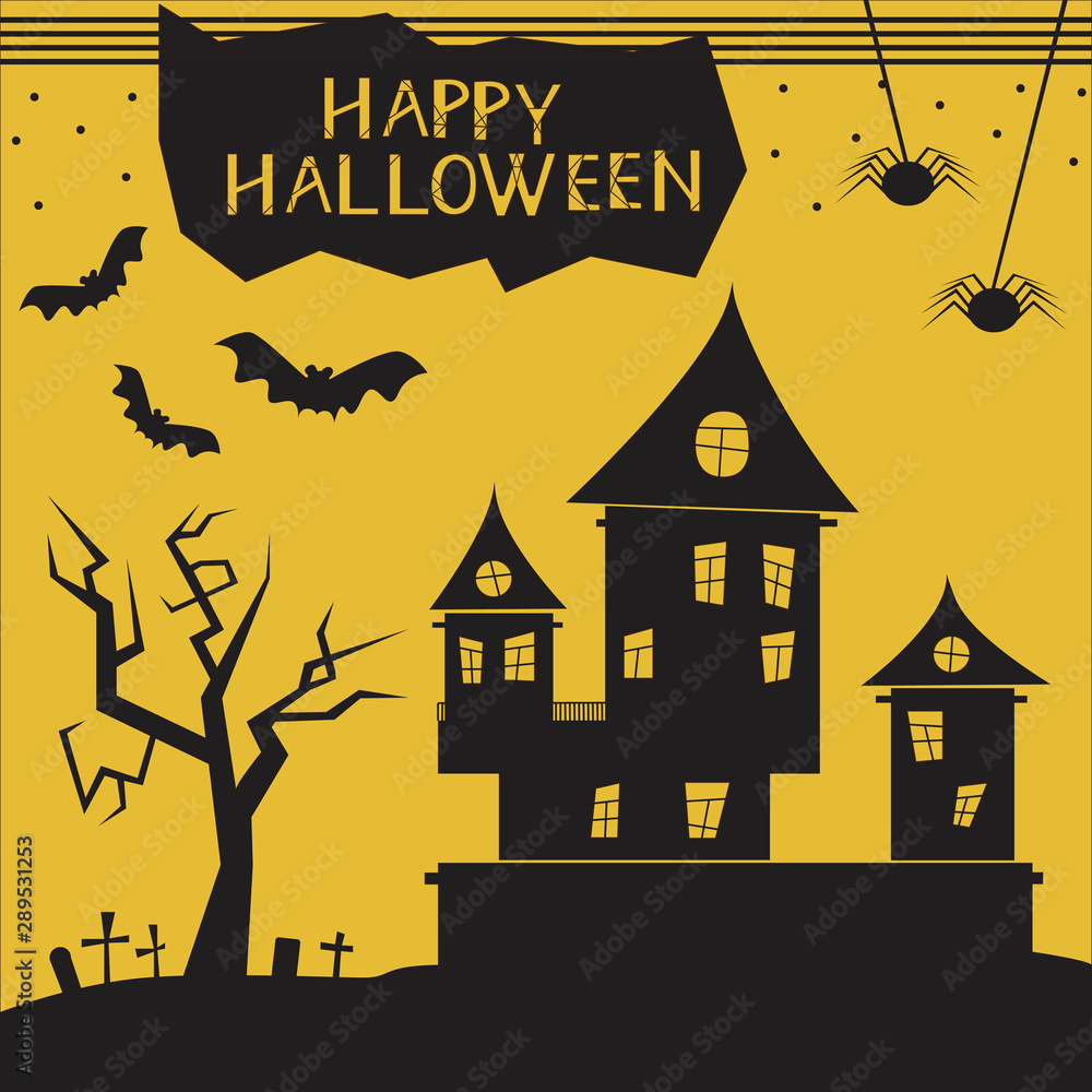 Happy halloween with castle, tree and cemetery card on yellow background