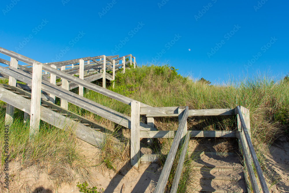 A wooden staircase going down to the beach with a beautiful blue sky and marsh grass in the sand at Pinery Provincial Park, Ontario, Canada.