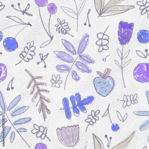 Flowers and berries, seamless background. Naive inflorescences, leaves, berries. Decorative flowers. Wrapping paper, textiles, retro background, color design.