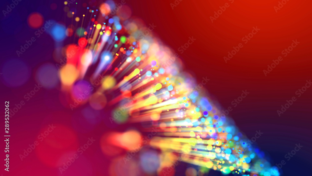 Abstract explosion of multicolored shiny particles or light rays like laser show. 3d render abstract background with colorful glowing particles, depth of field and bokeh effect. - obrazy, fototapety, plakaty 