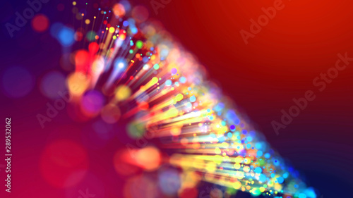 Abstract explosion of multicolored shiny particles or light rays like laser show. 3d render abstract background with colorful glowing particles, depth of field and bokeh effect. © Green Wind