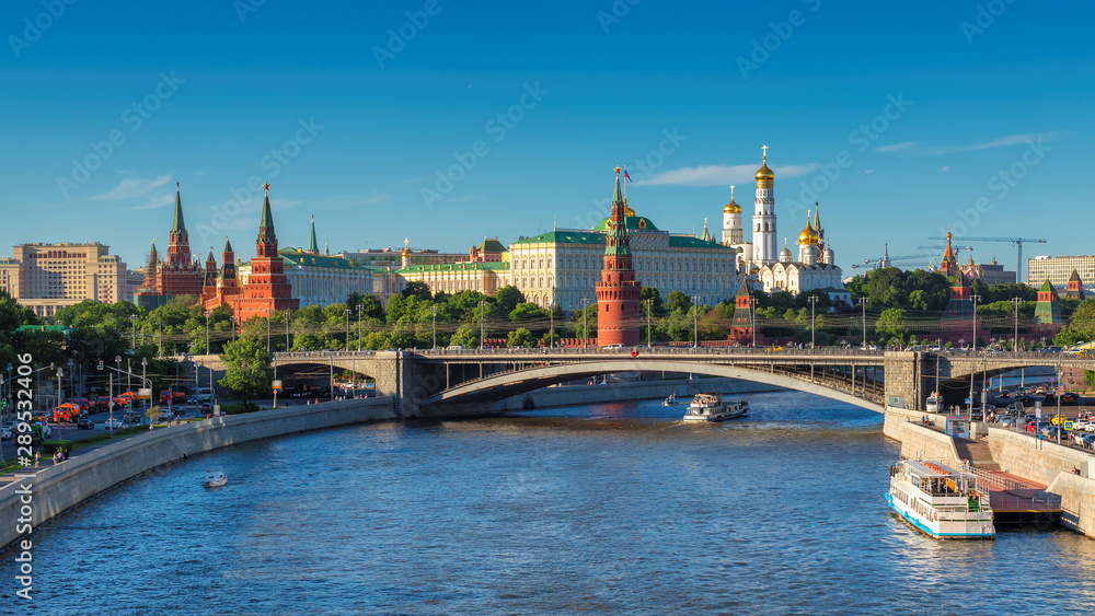 Moscow City skyline at sunny summer day, Moscow river and Kremlin, Moscow, Russia.