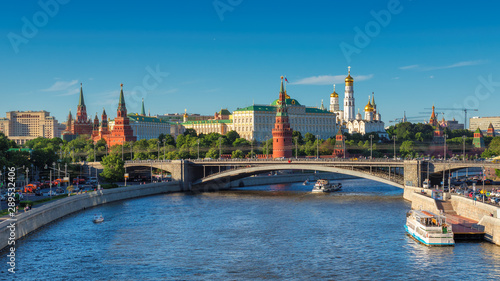 Moscow City skyline at sunny summer day, Moscow river and Kremlin, Moscow, Russia.