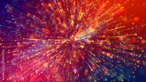 Abstract explosion of multicolored shiny particles or light rays like laser show. 3d render abstract background with colorful glowing particles, depth of field and bokeh effect.
