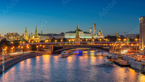 Moscow Kremlin skyline in summer twilight, illumination on Moscow river and Kremlin, Moscow, Russia.