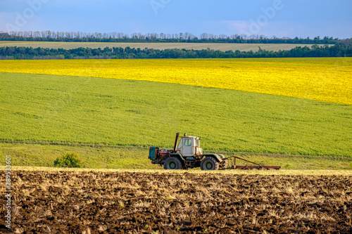 An agricultural tractor plows a field with a plow after harvested wheat. In the background are fields of sunflowers.