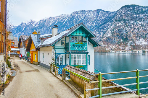 In old street of Hallstatt, Salzkammergut, Austria photo