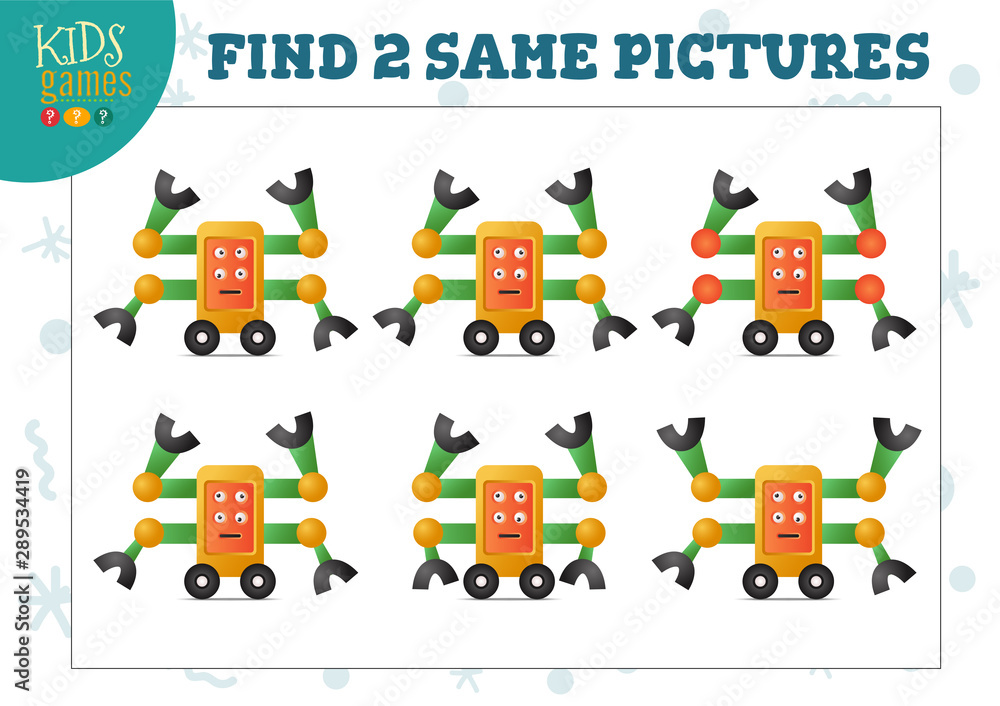 Fototapeta premium Find two same pictures kids game vector illustration