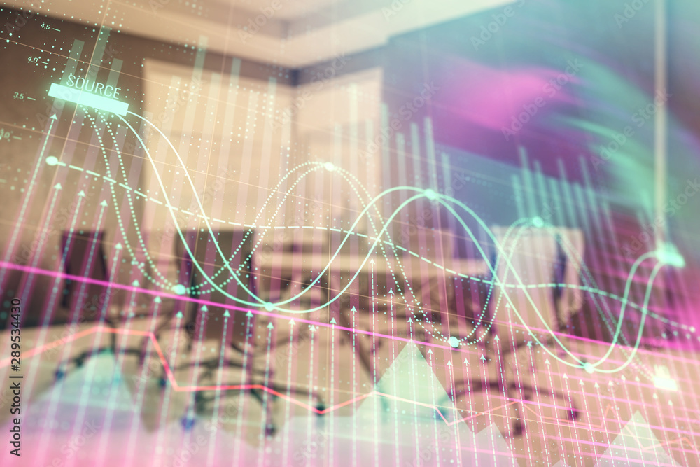 Multi exposure of stock market graph on conference room background. Concept of financial analysis Multi exposure of stock market graph on conference room background. Concept of financial analysis