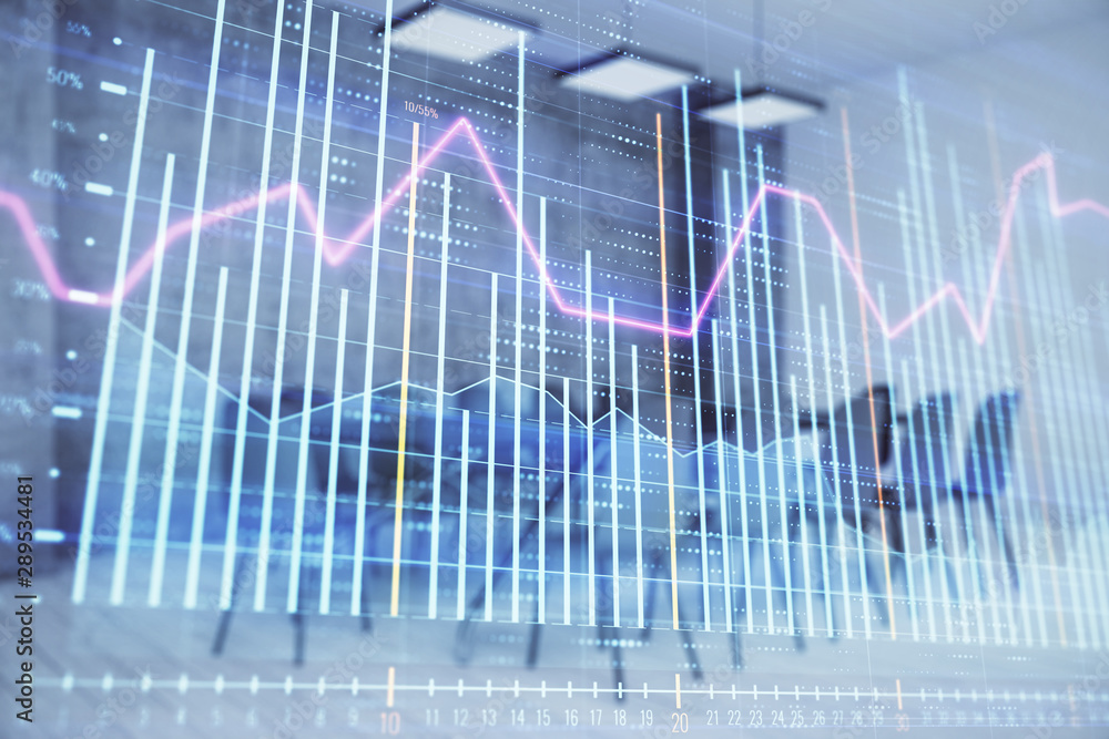 Multi exposure of stock market graph on conference room background. Concept of financial analysis Multi exposure of stock market graph on conference room background. Concept of financial analysis