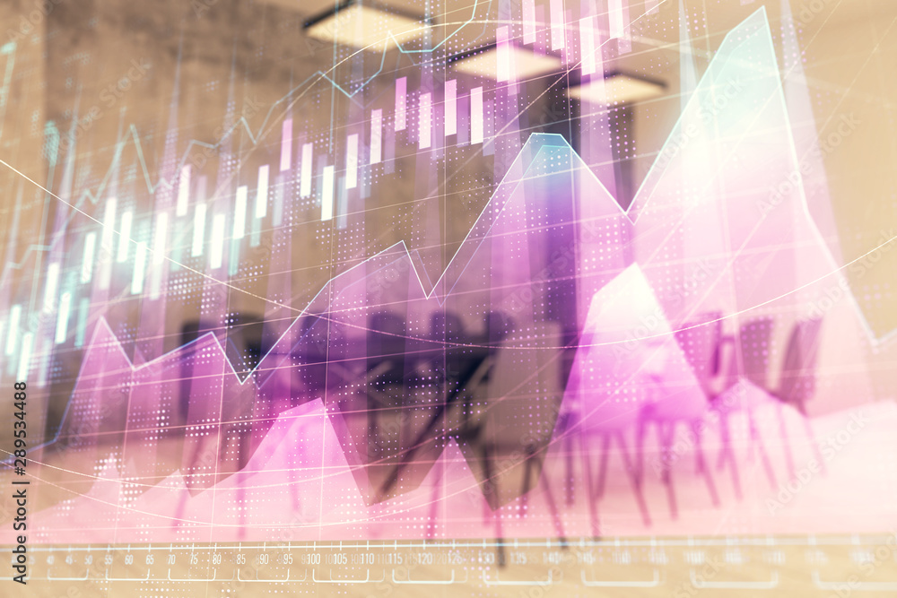 Multi exposure of stock market graph on conference room background. Concept of financial analysis Multi exposure of stock market graph on conference room background. Concept of financial analysis