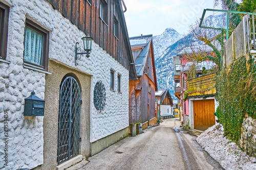 In narrow street, Hallstatt, Salzkammergut, Austria photo