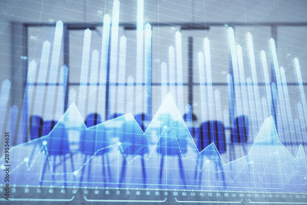 Multi exposure of stock market graph on conference room background. Concept of financial analysis Multi exposure of stock market graph on conference room background. Concept of financial analysis