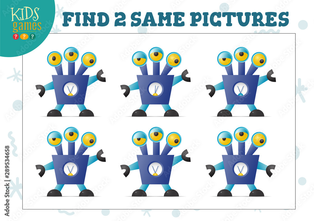 Fototapeta premium Find two same pictures kids game vector illustration.