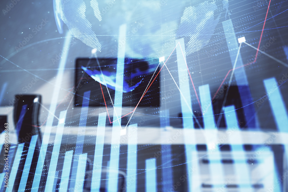 Stock market chart with globe hologram and desktop office computer background. Multi exposure. Concept of financial analysis. Stock market chart with globe hologram and desktop office computer background. Multi exposure. Concept of financial analysis.