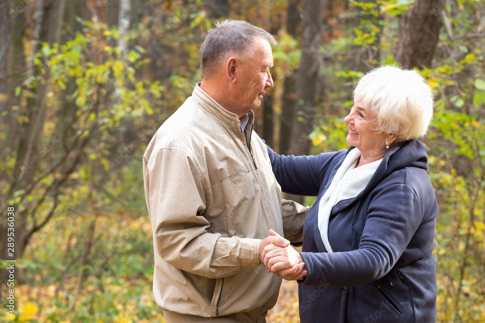 Happy senior couple dancing in an autumn park Happy senior couple dancing in an autumn park