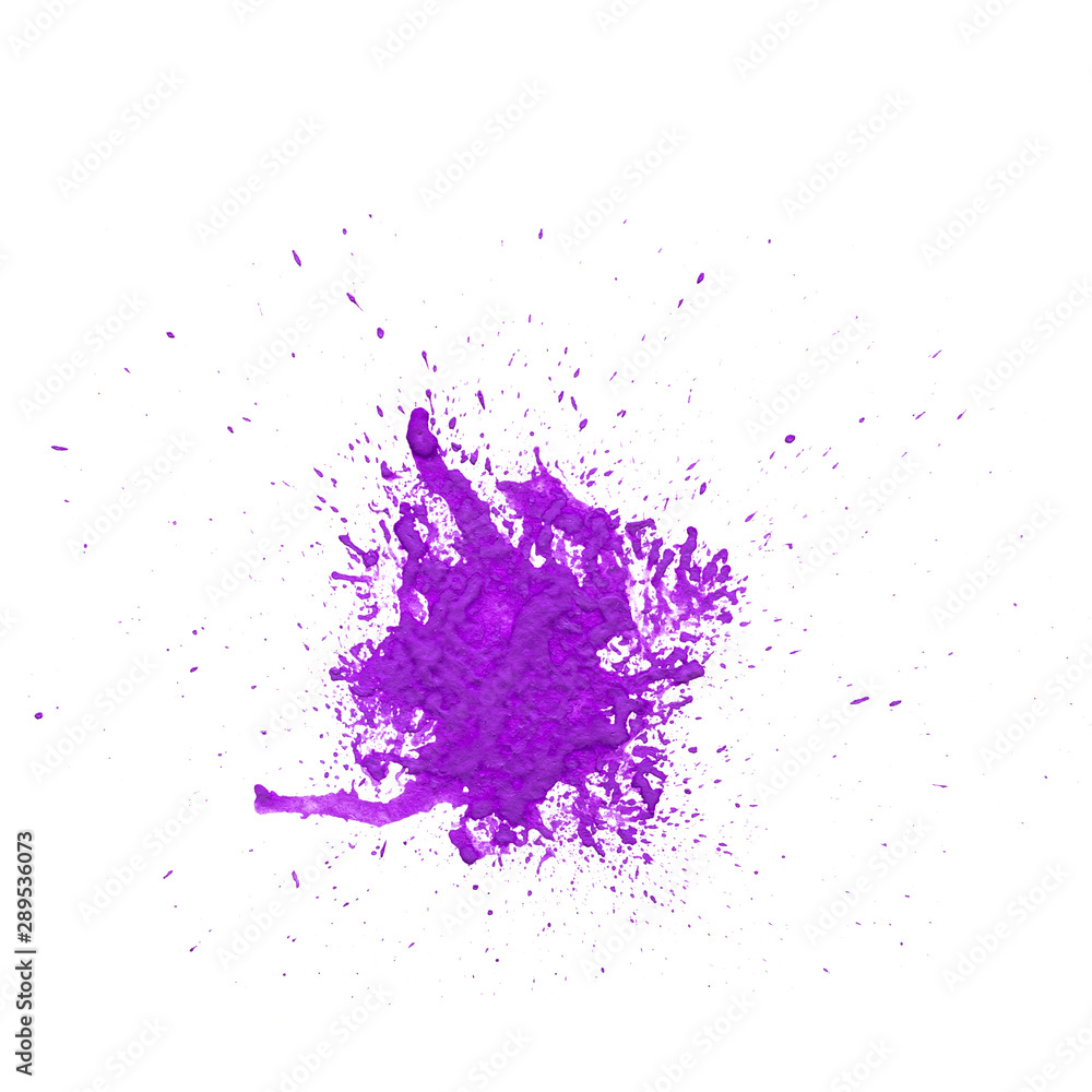 Obraz Blot and splashes of purple paint isolated on white background. Drop watercolors. Art work hand paint.