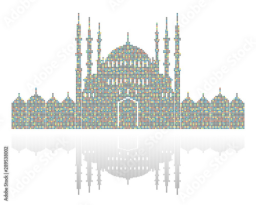 Stippled illustration of a mosque with dome and minaret