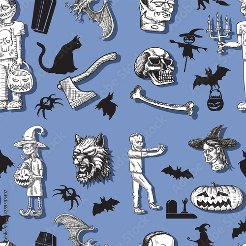 Happy Halloween. Seamless pattern baby girl boy zombies a vampire bat... Hand drawn silhouette. vector image.