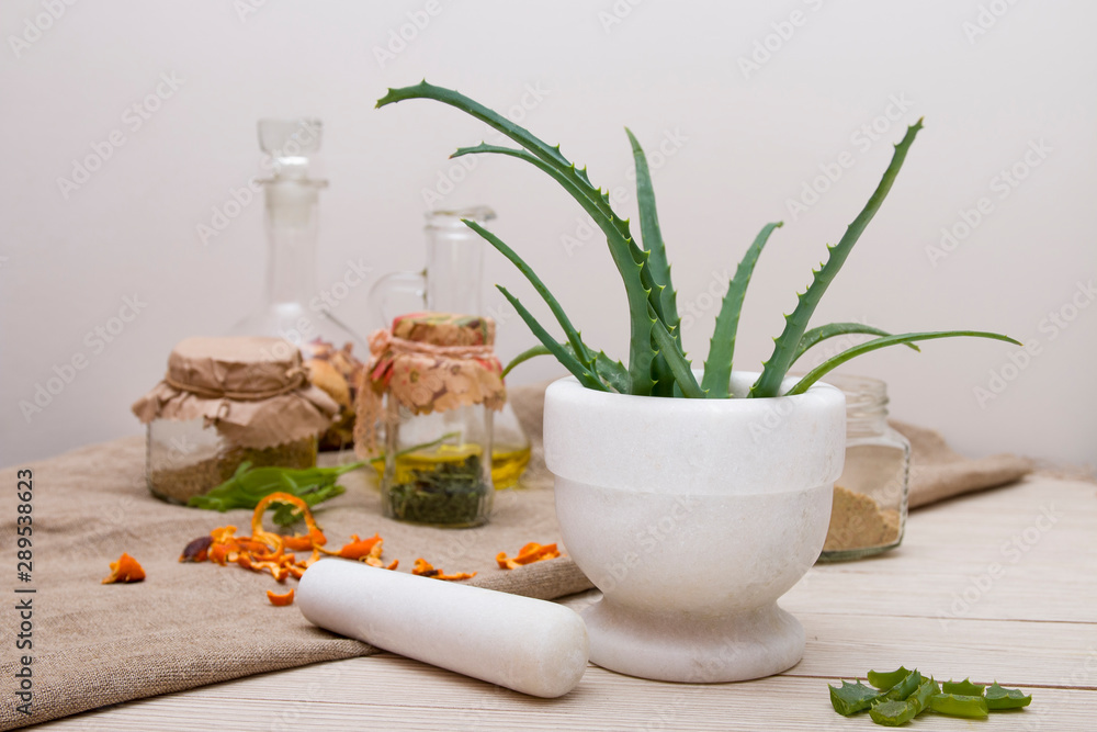 white stone cup with aloe, natural medicine, natural ingredients and medicines for the prevention and treatment of seasonal colds, herbal teas, glass jars and decanters copy space, hot sales white stone cup with aloe, natural medicine, natural ingredients and medicines for the prevention and treatment of seasonal colds, herbal teas, glass jars and decanters copy space, hot sales