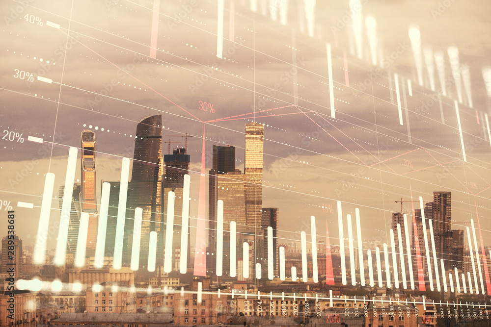 Double exposure of financial graph on downtown veiw background. Concept of stock market research and analysis Double exposure of financial graph on downtown veiw background. Concept of stock market research and analysis