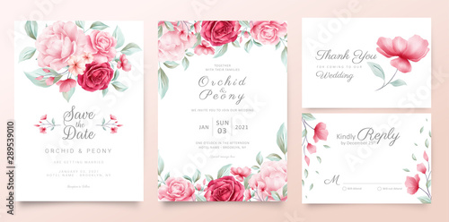 Botanic wedding invitation cards template with watercolor flowers and wild leaves