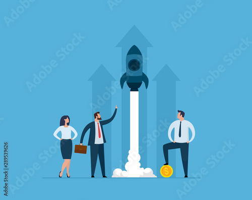 Business team launches rocket. Business startup concept. Vector illustration.