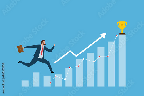 Businessmen running on growth graph to success and get award trophies. Business concept illustration.