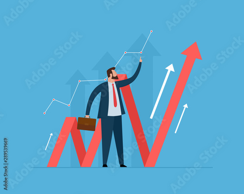 Successful businessman standing with growth charts and arrows. Business illustration concept.