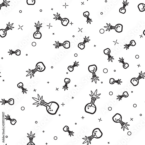 Black line Chemical test tube with marijuana or cannabis leaf icon isolated seamless pattern on white background. Research concept. Laboratory CBD oil concept. Vector Illustration