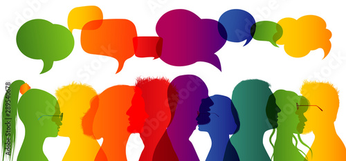 Silhouette profiles. Crowd talking. Speech bubble. Dialogue group of diverse people. Communication between people. Rainbow colours