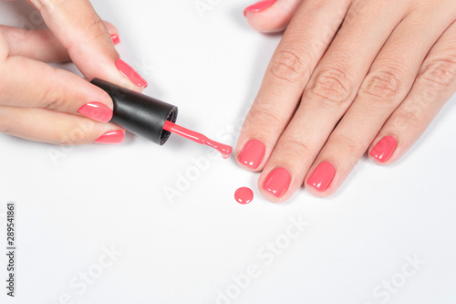 Closeup view of two manicured female hands isolated on white background. Woman holding brush of gel polish with dropping paint. Horizontal color photography.