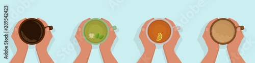 Set of four options logo women's hands holding a cup of black tea with a slice of lemon, hot chocolate, green tea with chamomile and mint, black coffee. View from above. Flat style.