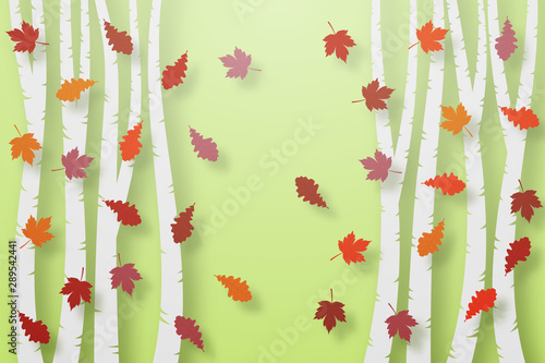 Autumn green background, voluminous multi-colored leaves of maple and oak, trees cut from paper, in layers. Template, blank.