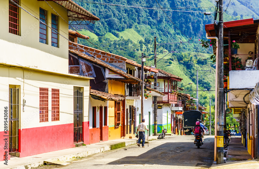View on colonial buildings in the street of Jardin, Colombia