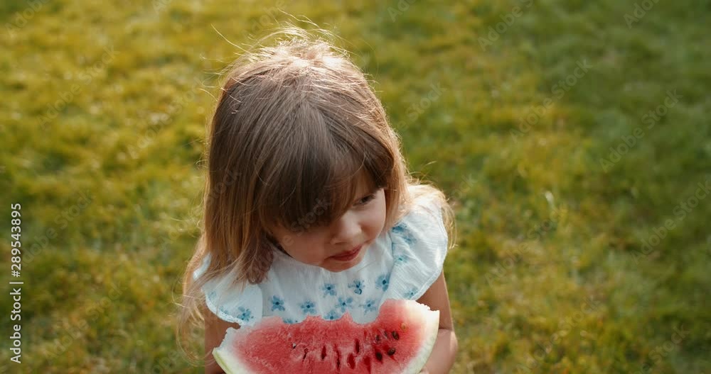 Top view on the small Caucasian cute girl biting and eating sweet tasty watemelon on the green grass background. Close up. View from above. Top view on the small Caucasian cute girl biting and eating sweet tasty watemelon on the green grass background. Close up. View from above.