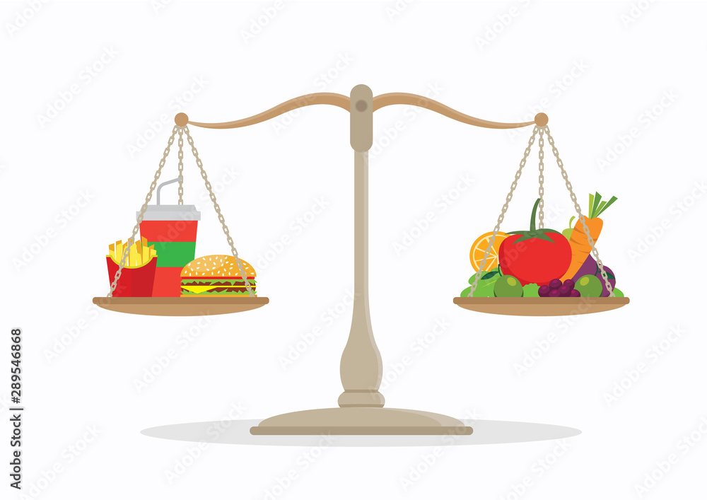 Junk food and vegetables balance on the scale. Junk food and vegetables balance on the scale.