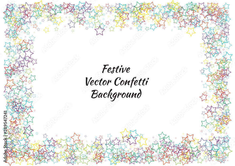 Festive colorful star confetti background. Abstract frame confetti texture for holiday, postcard, poster, website, carnivals, birthday and children's parties. Cover confetti mock-up. Wedding card