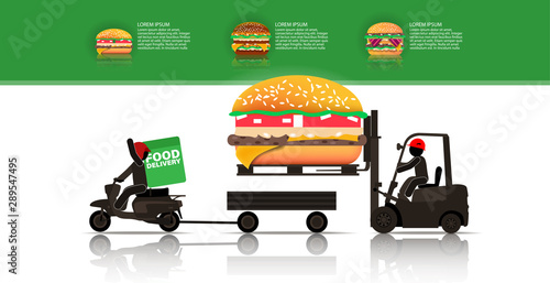 Warehouse worker loads a huge Burger with a forklift
