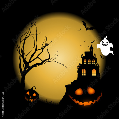 Halloween background with pumpkins against castle landscape
