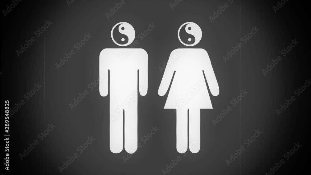 White icons of man and woman with Yin Yang symbols instead of their heads on black background with blinking old fashion retro cinema effect in seamless loop White icons of man and woman with Yin Yang symbols instead of their heads on black background with blinking old fashion retro cinema effect in seamless loop